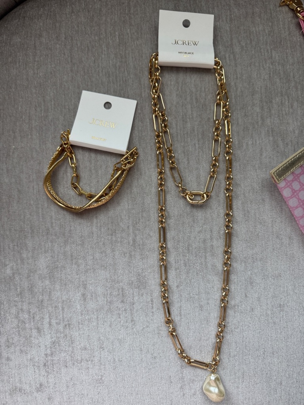 New J.Crew Gold Multi-Chain Necklace with Pearl Pendant and Bracelet - Picture 1 of 4